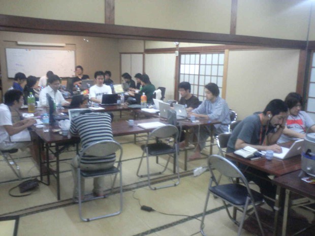 People in a Japanese room on computers