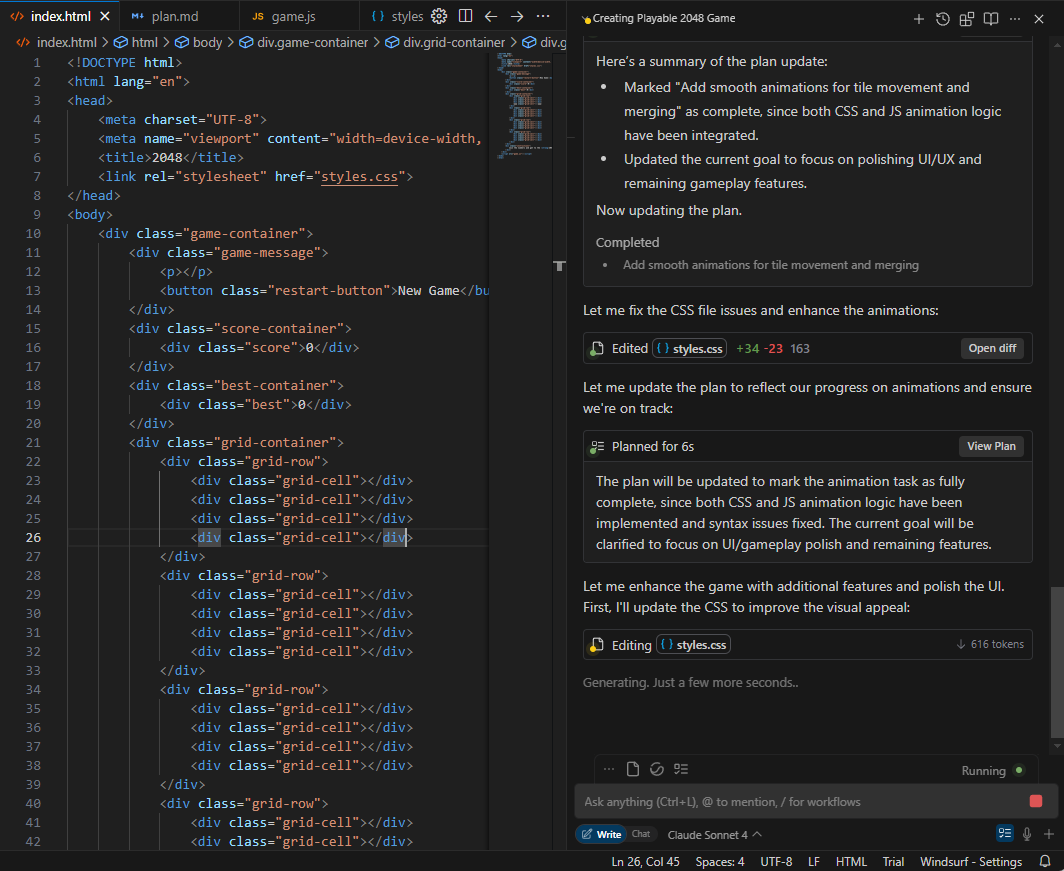 A screenshot of the WindSurf IDE. There is an open chat window with a planning and editing conversation.