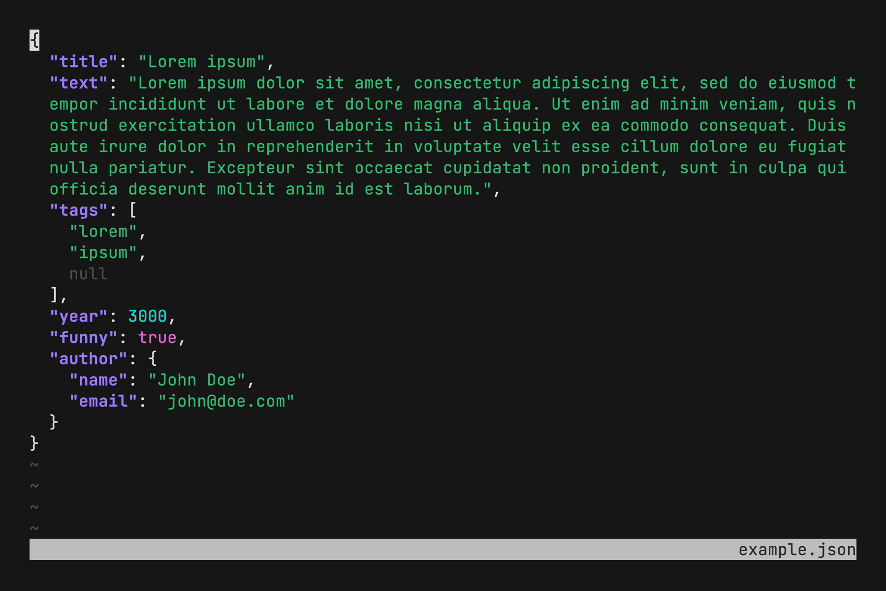 An animated GIF showing how fx can be used to collapse and expand various parts of a JSON file. The contents of the file are a lorem ipsum article sample with structured data for the author and tags.